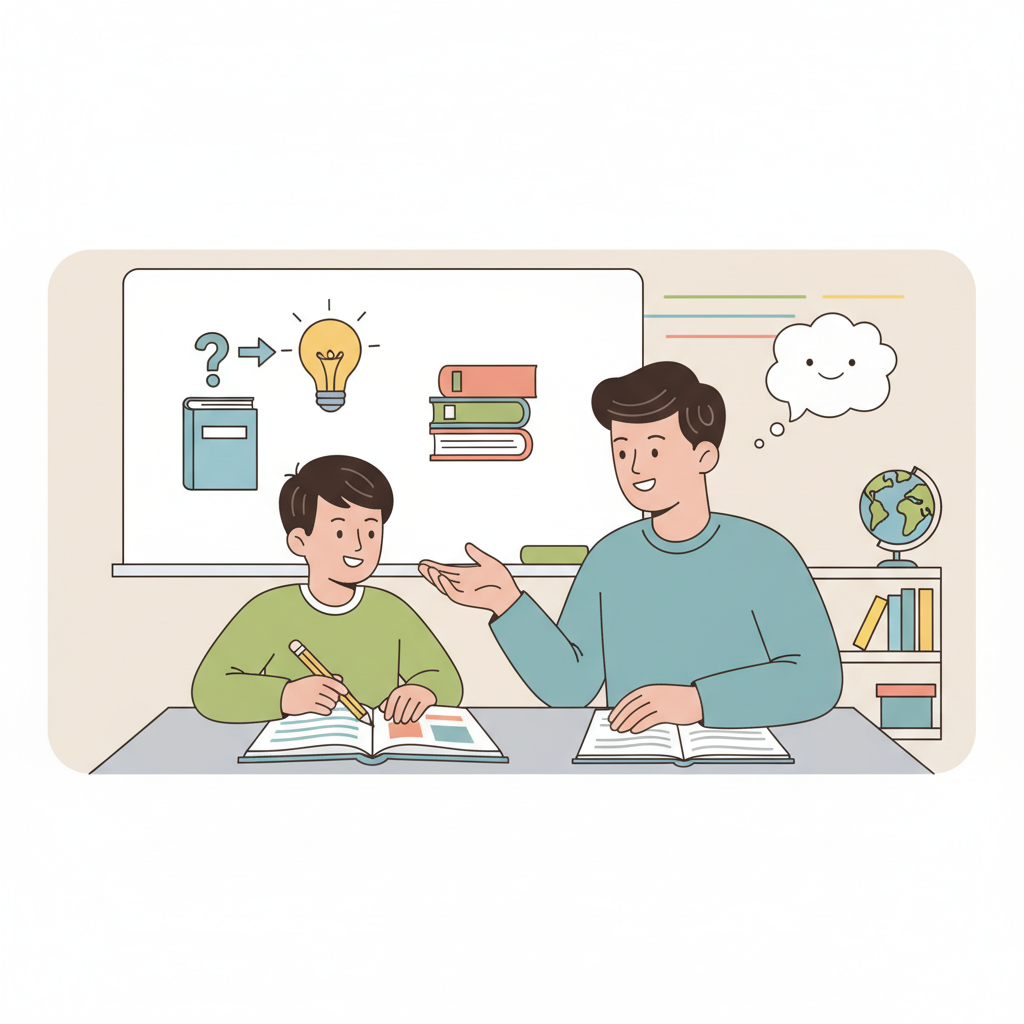 Parent français expliquant une méthode pour résoudre des problèmes mathématiques à son enfant de CE2 à 6e pendant les devoirs à la maison