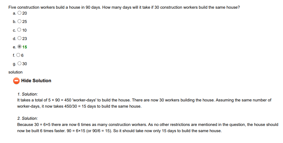 Caribou Math Contest past paper sample question — work-rate problem: 5 workers build a house in 90 days, how many days would 30 workers need? Solution explains using worker-days, answer is 15 days.