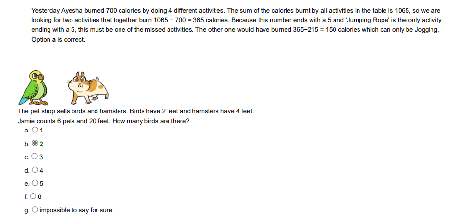 Caribou Math Contest past paper sample question — pet shop puzzle: birds have 2 feet and hamsters have 4 feet. With 6 pets and 20 feet total, solve for the number of birds. Answer: 2 birds.