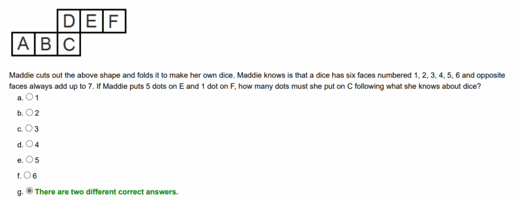 Caribou Math Contest past paper sample question — dice folding puzzle: a net of a cube is shown. If face E has 5 dots and face F has 1 dot, how many dots must be on face C? Answer: two different correct solutions are possible.