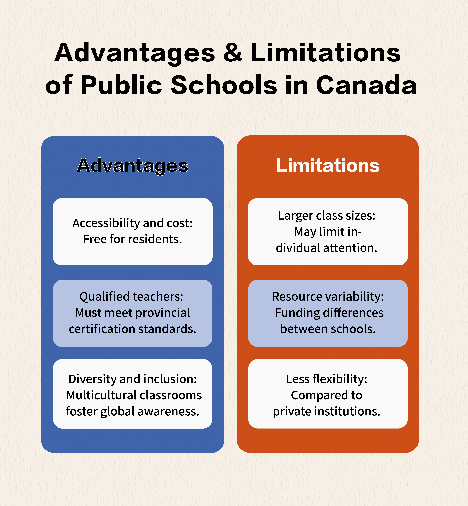 Infographic showing advantages and limitations of public schools in Canada. Advantages: free access for residents, provincially certified teachers, multicultural inclusion. Limitations: larger class sizes, funding differences, less flexibility compared to private schools.