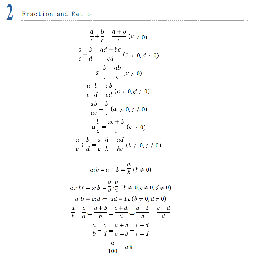 Fraction and ratio formulas for AMC 8 algebra, including addition, multiplication, division of fractions, ratios, and percentage rules