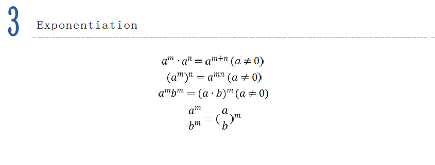Exponents formulas for AMC 8 algebra, including product rule, power of a power, power of a product, and power of a quotient
