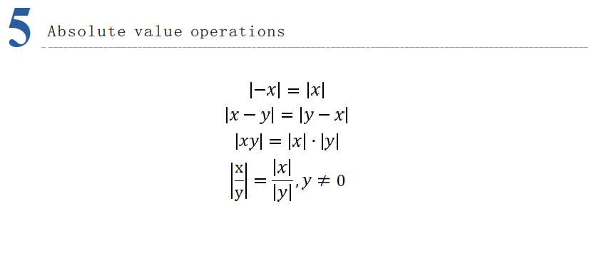 Absolute value formulas for AMC 8 algebra, including properties of negative, subtraction, multiplication, and division with absolute values