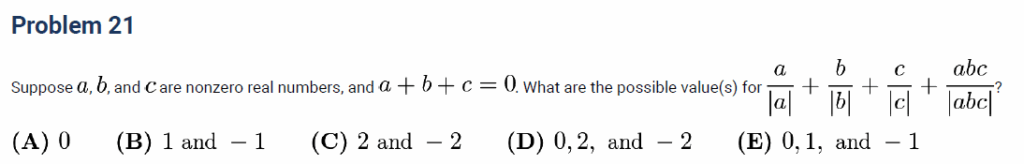 AMC 8 algebra problem example: absolute value expression with variables a, b, c where a plus b plus c equals zero