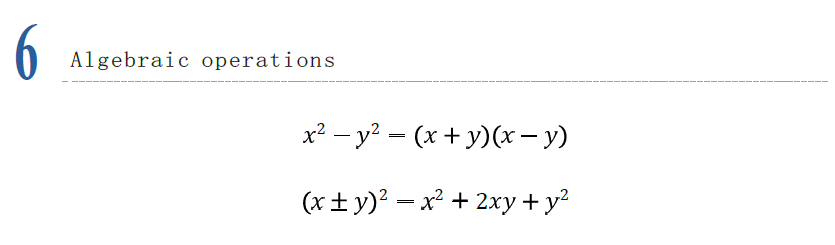 Algebraic operations formulas for AMC 8 algebra, including difference of squares and expansion of binomials