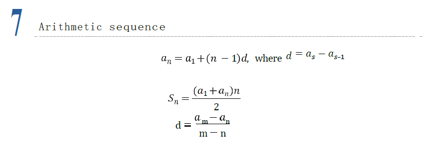 Arithmetic sequence formulas for AMC 8 algebra, including nth term formula, sum of n terms, and common difference calculation