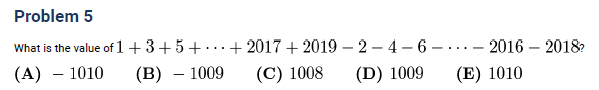 AMC 8 algebra problem example: alternating sum of odd and even numbers from 1 to 2019 minus 2 to 2018