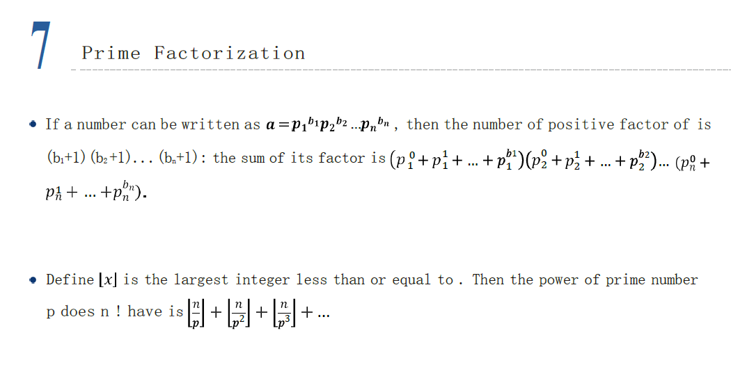 Prime factorization formulas: rules for counting factors, summing factors, and determining the power of a prime in factorials using floor function notation.