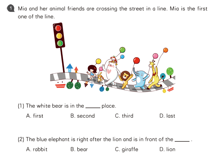 Elementary math word problem with Mia and animal friends crossing the street in a line, asking positions of white bear and blue elephant