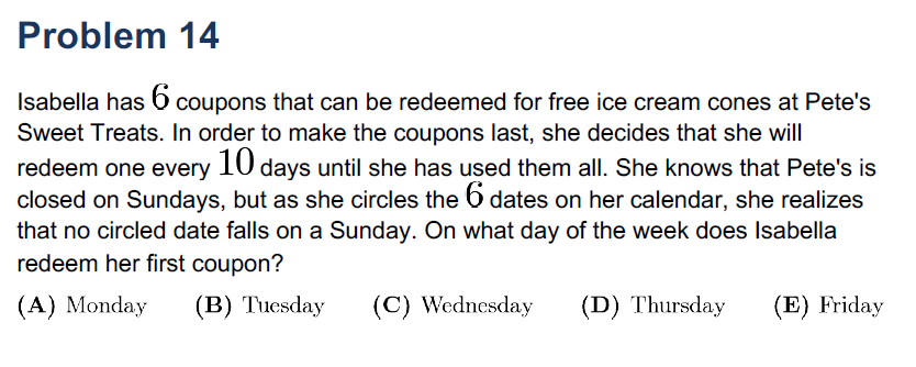 AMC 8 probability word problem about redeeming coupons every 10 days while avoiding Sundays.