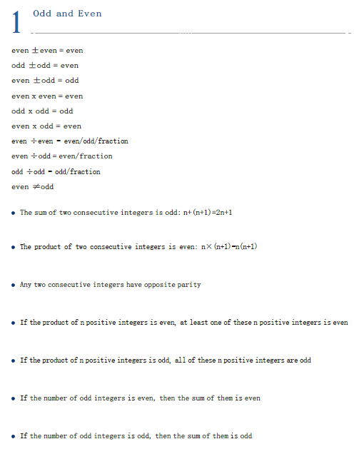 AMC 8 odd and even rules with formulas for addition, subtraction, multiplication, and division of integers, including properties of consecutive integers