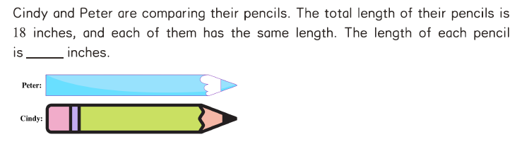 Elementary math sum-difference word problem with Cindy and Peter comparing pencil lengths totaling 18 inches