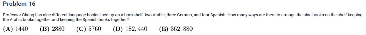 AMC 8 permutations and combinations problem arranging 9 language books with grouping restrictions.