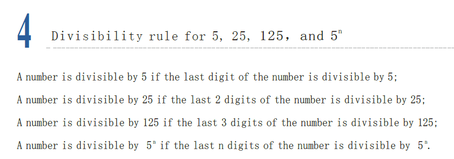 AMC 8 divisibility rules for 5, 25, 125, and powers of 5, based on last digit or last digits of integers.