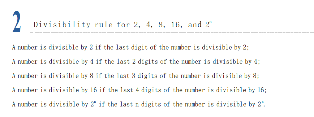 AMC 8 divisibility rules chart for 2, 4, 8, 16, and powers of 2, explaining how to test integers by their last digits.