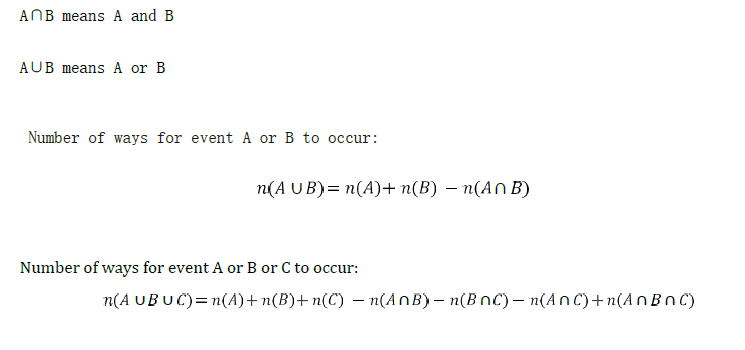 AMC 8 Counting and Probability formulas for union and intersection of two or three events.