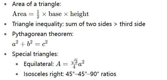 AMC 8 triangle formulas with area calculation, triangle inequality, Pythagorean theorem, and special triangles including equilateral and isosceles right triangle.