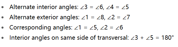 AMC 8 geometry formulas for angles and lines, including alternate interior angles, exterior angles, corresponding angles, and transversal angle sum.