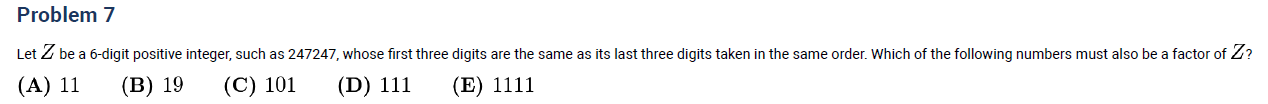 AMC 8 problem with 6-digit integer repeating digits, testing divisibility and factors like 11, 19, 101, 111, 1111.