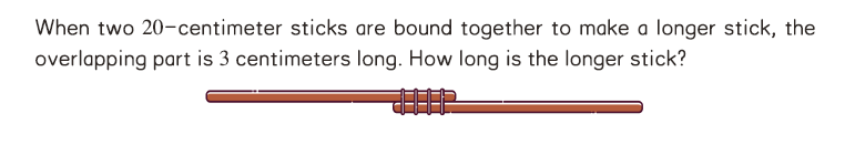 Elementary math overlapping word problem with two 20-centimeter sticks sharing a 3-centimeter overlap
