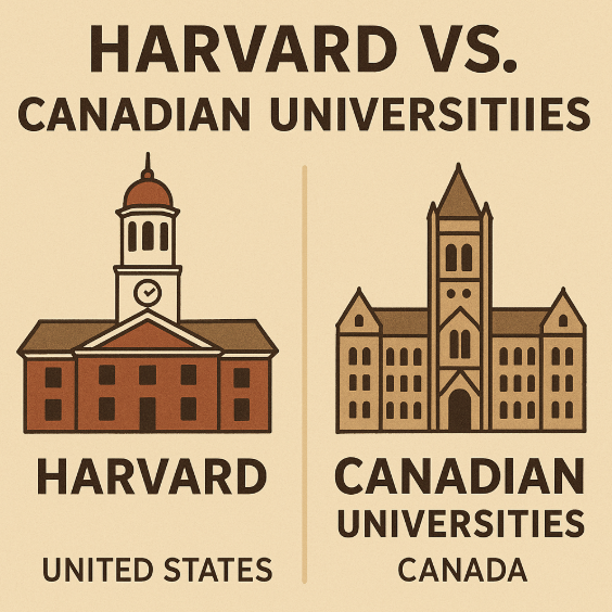 Split-screen illustration comparing Harvard University’s red brick campus with Canadian universities’ Gothic-style buildings, symbolizing the difference in how math achievements are valued in admissions.