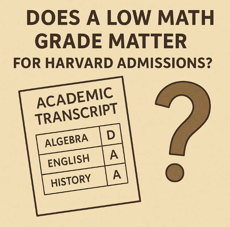 Infographic with the headline “Does a low math grade matter for Harvard admissions?” showing an academic transcript (Algebra D, English A, History A) beside a large question mark.