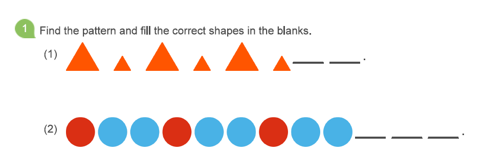 Kindergarten pattern worksheet with triangles and colored circles, students fill in missing shapes to complete the sequence