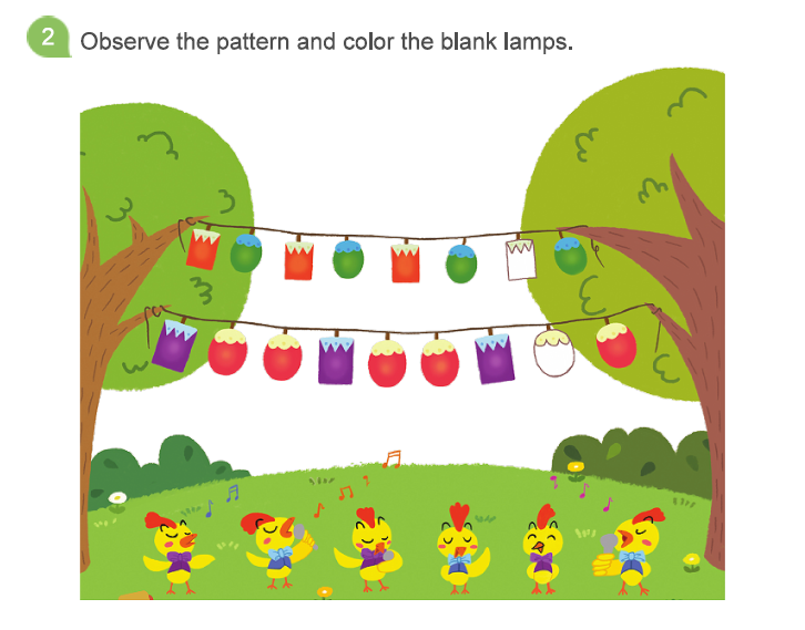 Pattern recognition activity for Kindergarten where children color missing lamps in a sequence of hanging decorations