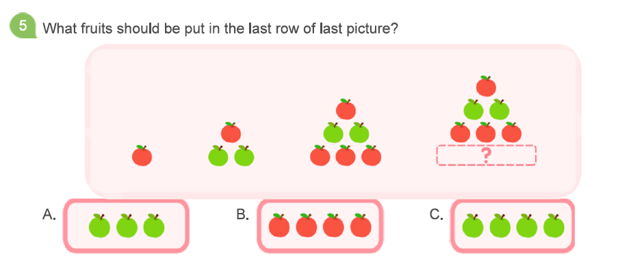 Grade 1 pattern worksheet showing apples in pyramid rows, students select the correct fruits for the last row