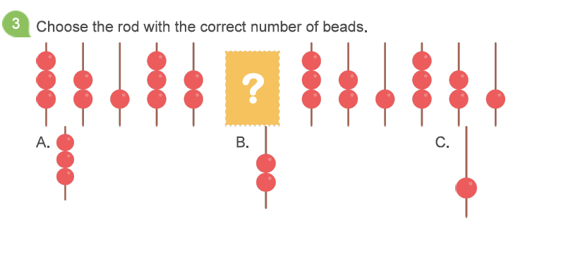 Math worksheet for Kindergarten with bead rods, students choose the correct rod to continue the counting pattern