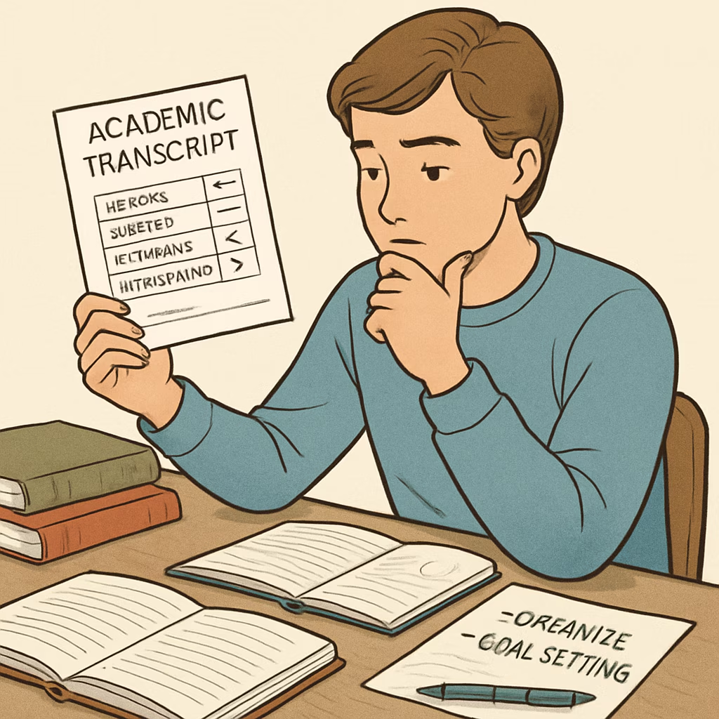 A student looks at an academic transcript with mixed grades, reflecting on goal setting and planning for improvement.