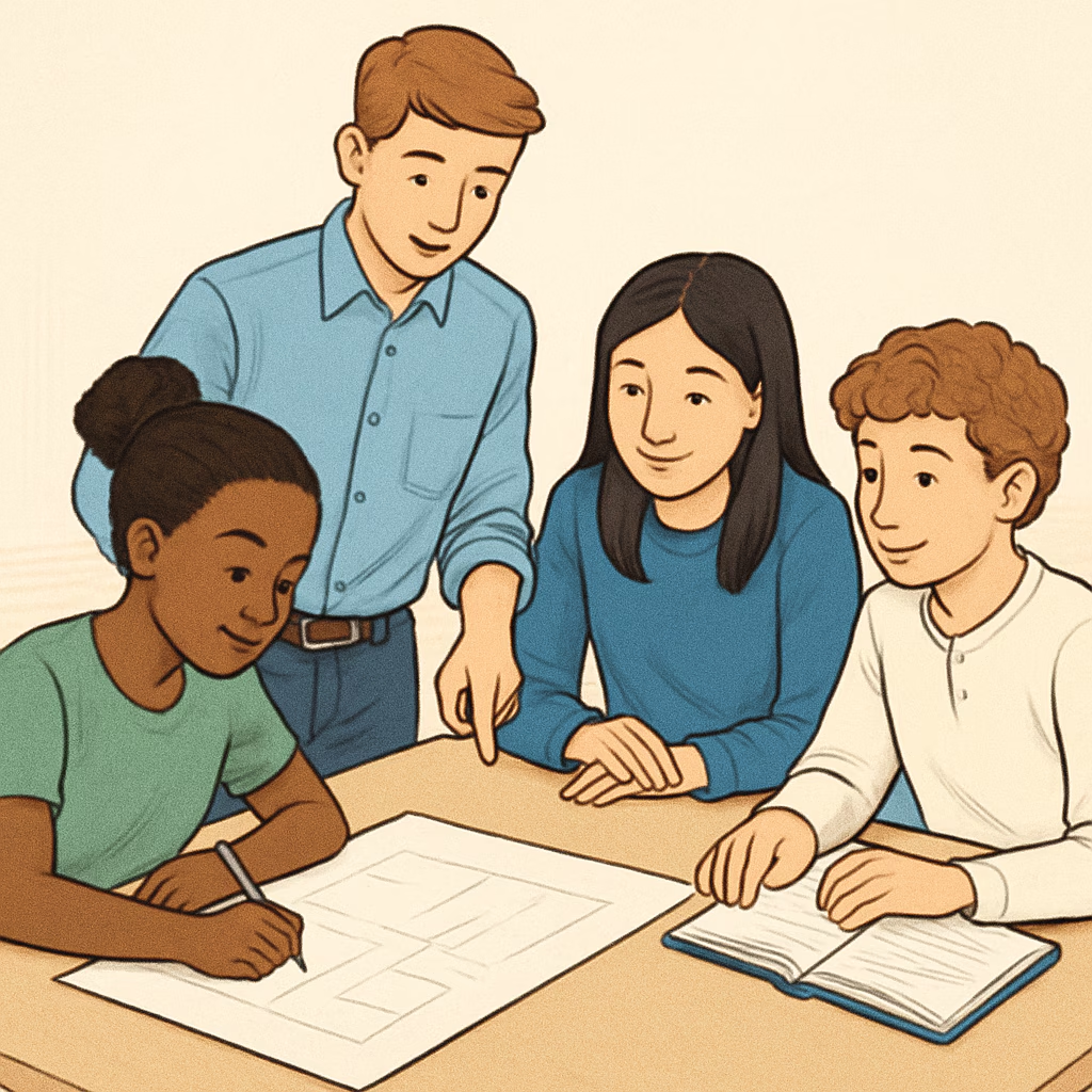 A teacher guides a diverse group of students working together on a project, highlighting collaboration and learning beyond grades.