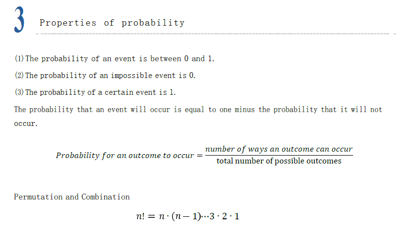 AMC 8 Counting and Probability formulas showing basic properties of probability between 0 and 1.