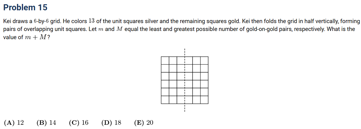 AMC 8 2025 Problem 15 – 6x6 grid combinatorics question with 13 silver squares and folding to count gold-on-gold pairs