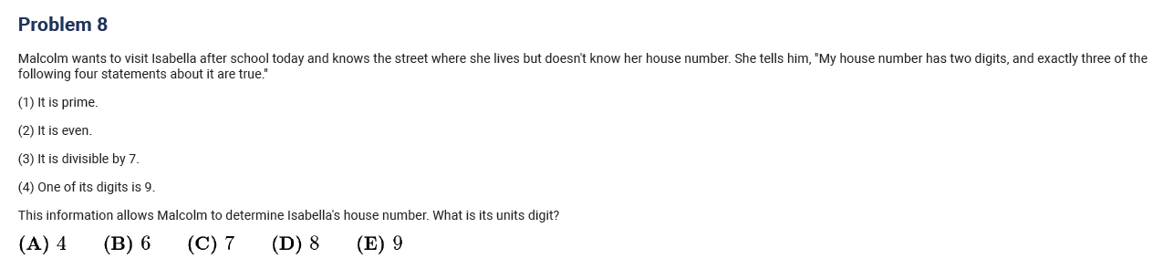 AMC 8 2017 Problem 8 example on prime numbers, even numbers, divisibility by 7, and digits, testing number properties.