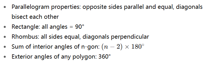 AMC 8 polygon and parallelogram formulas, including rectangle, rhombus, interior angle sum of n-gon, and exterior angle properties.