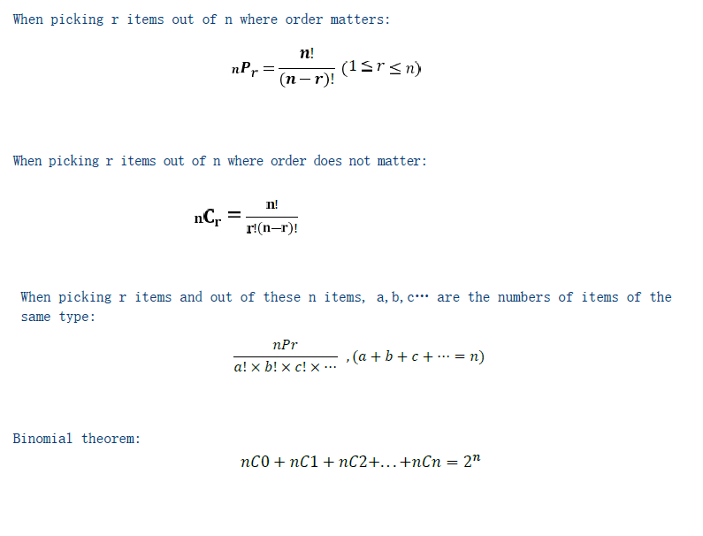 AMC 8 Counting and Probability formulas for permutations, combinations, repeated items, and binomial theorem.