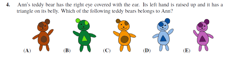 Colorful teddy bear math logic puzzle where students identify the correct bear based on clues about eyes, hands, and triangle on belly.