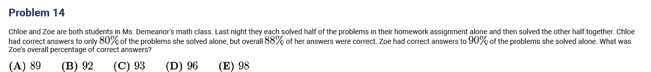 Screenshot of an AMC 8 math word problem comparing Chloe and Zoe’s individual and joint accuracy rates. Used to illustrate complex reading comprehension and logic integration in higher-level math problems.