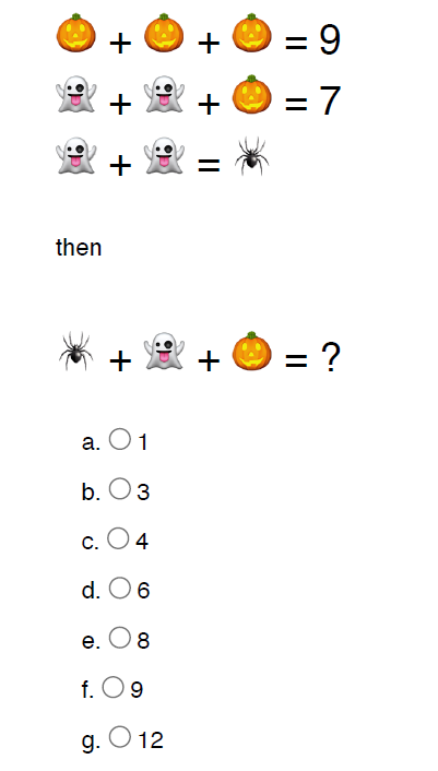 Math puzzle with pumpkins, ghosts, and spiders representing numbers in equations; students solve for final sum.