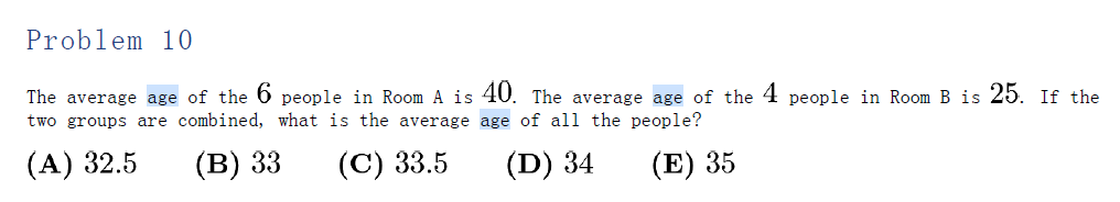 AMC 8 age problem about two rooms with different average ages, asking for the combined average age.