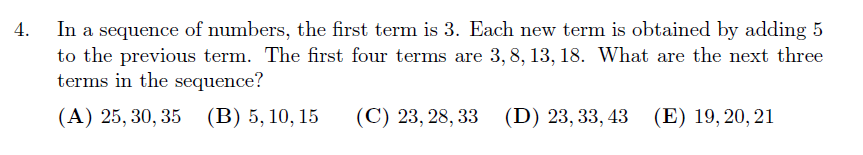 Gauss Math Contest 2022 sequence problem, continue numbers 3, 8, 13, 18 by finding the pattern