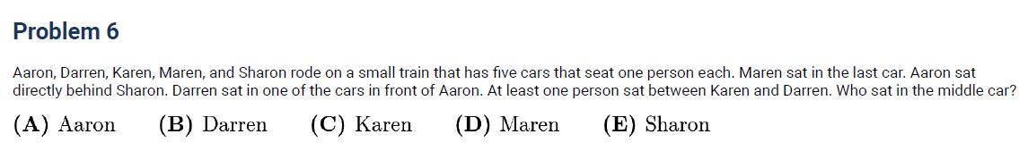 AMC 8 logic puzzle: five people on a train with seating conditions, asking who sits in the middle car.