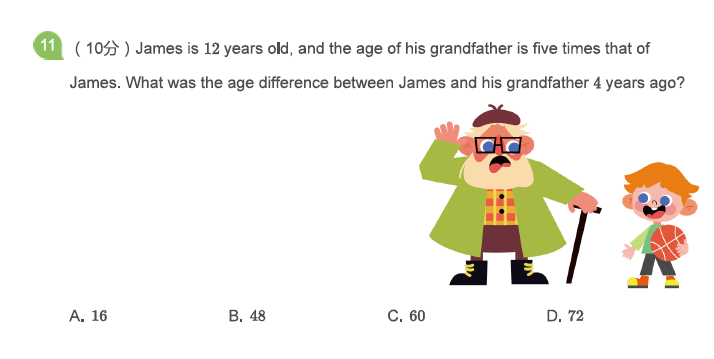 Word problem about James being 12 years old and his grandfather five times older, asking their age difference four years ago.