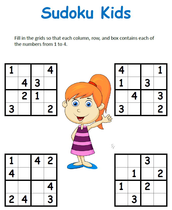 Easy 4x4 Sudoku puzzle for kids, practice filling missing numbers in each row, column, and box