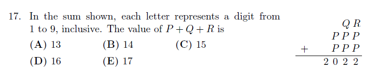 Gauss Math Contest 2022 letter arithmetic puzzle, solve for P, Q, R to make sum equal to 2022