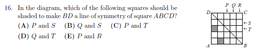 Gauss Math Contest 2020 symmetry grid problem, shade squares to make diagonal BD a line of symmetry
