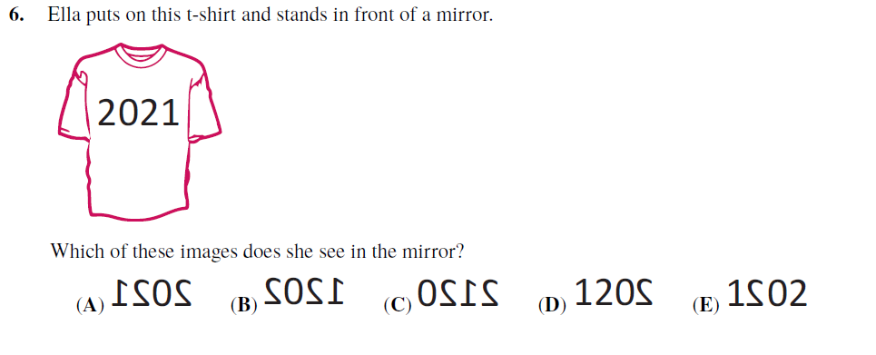 Mirror image math puzzle with T-shirt showing number 2021; students must identify correct reflection among multiple options.