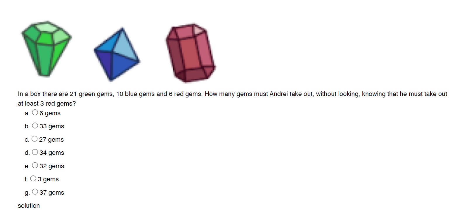 Probability problem with green, blue, and red gems; students calculate minimum number of gems to draw to guarantee at least three red gems.
